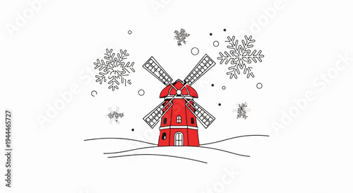 Red windmill amidst falling snowflakes on a snowy landscape