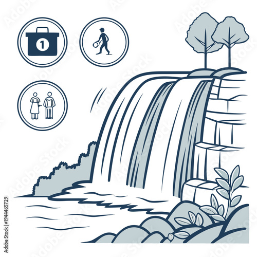 Waterfall with trees and business process steps