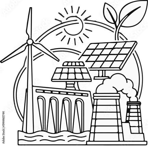Renewable energy sources including wind, solar, and hydro power plant