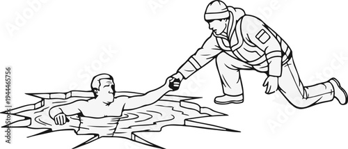 Rescuer extends hand to person submerged in icy water