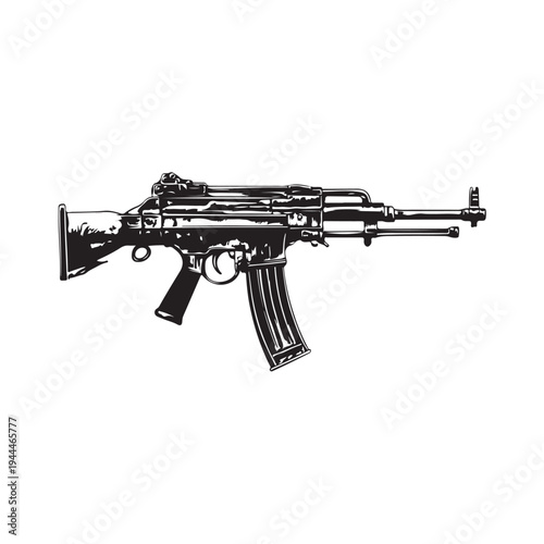 Black silhouette of machine gun on white background. Weapons of police and army