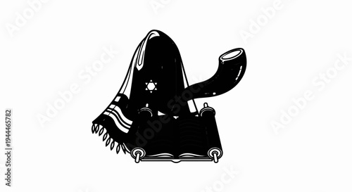 Religious symbols prayer shawl, torah scroll, and shofar horn