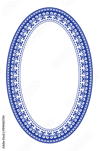 Blue oval frame plate from Turkic national ornament. Oval pattern. Vintage, ethnic frame with nomadic Turk, Kazakh, Kyrgyz, Mongol. Frame for oval surface, embroidery, textile, embroidery, ceramic