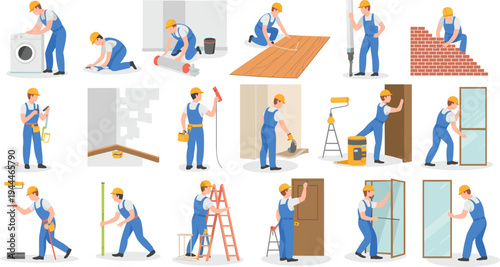 Home renovation worker illustration, construction tasks, DIY projects, repair and building concept