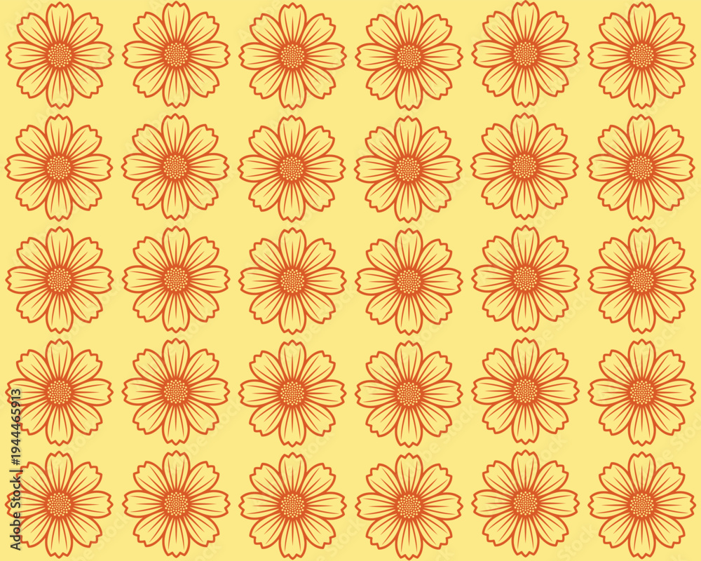 Fototapeta premium Beautiful orange cosmos flower seamless pattern on warm cream yellow background
