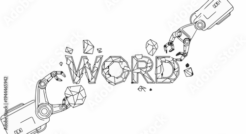Robotic arms manipulate geometric letters spelling "WORD