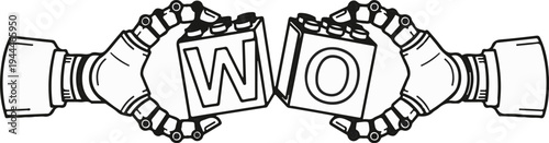 Robotic hands holding toy blocks spelling "WO