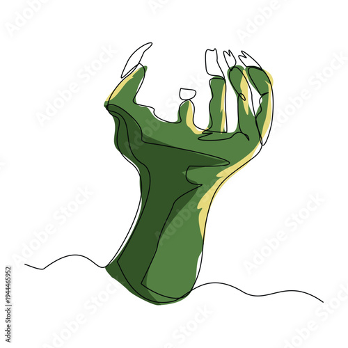 Continuous line sketch drawing of zombie monster hand finger rising from cemetery graveyard tomb single stroke editable vector illustration