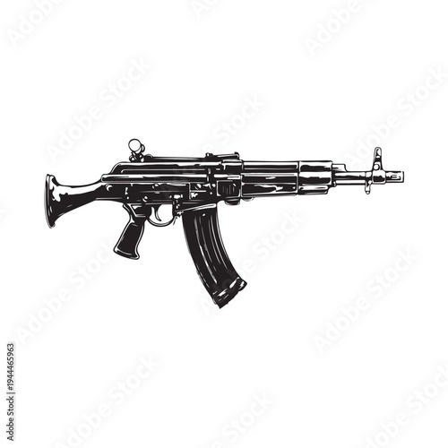 Black silhouette of machine gun on white background. Weapons of police and army