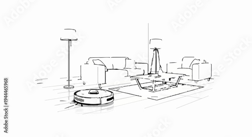 Robotic vacuum cleaner autonomously cleans a modern living room interior