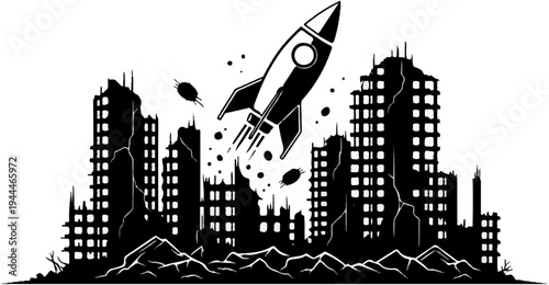 Rocket launches amidst a destroyed city skyline with debris falling