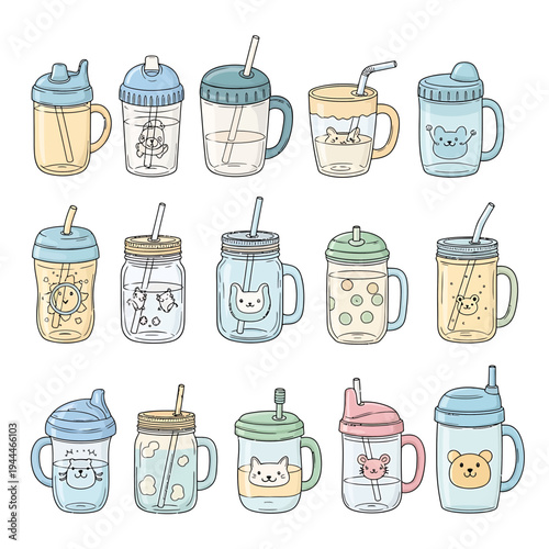Hand-Drawn Collection of Colorful Baby and Toddler Drinking Cups with Straws

