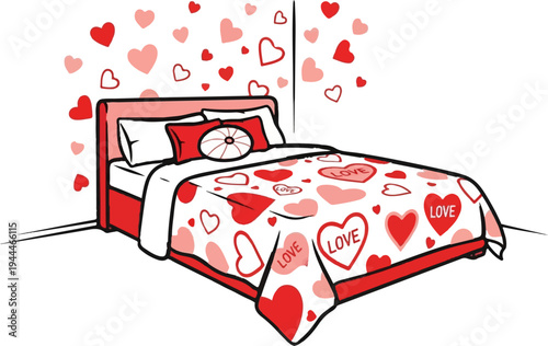 Romantic bedroom adorned with hearts, a bed covered in love-themed bedding