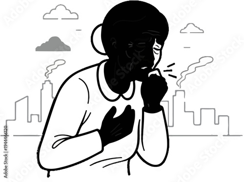 Person coughing amidst industrial pollution in a city landscape
