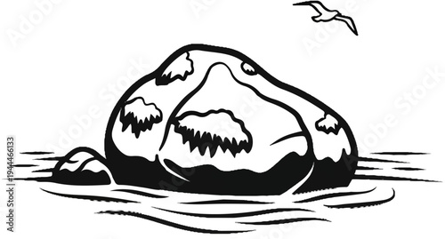 Rough waves crash against a rocky island with a bird flying overhead