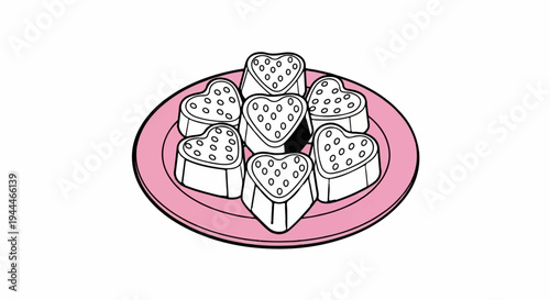 Pink plate holding several heart-shaped candies with dotted tops