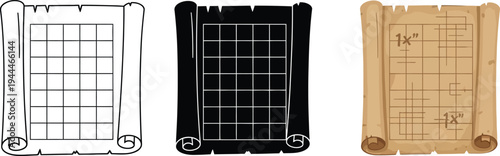 Collection of vintage scroll paper with grid pattern available in outline silhouette and color versions ideal for game design or historical themes