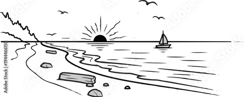 Rough sketch of a serene coastline at sunset with a sailboat
