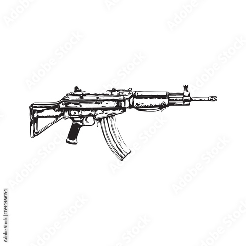 Black silhouette of machine gun on white background. Weapons of police and army