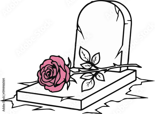 Pink rose rests on a cracked tombstone, symbolizing remembrance
