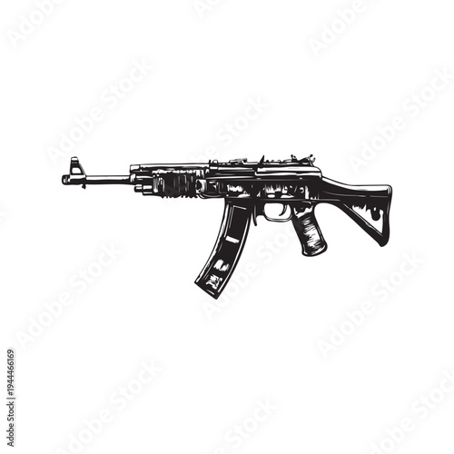 Black silhouette of machine gun on white background. Weapons of police and army