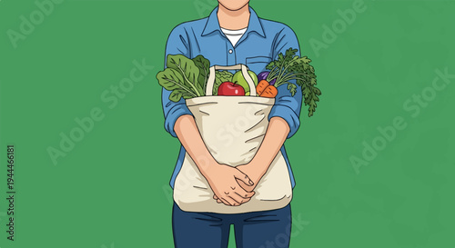Person holding a reusable bag filled with fresh produce