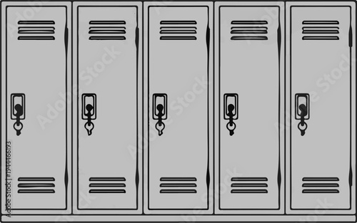 Row of five grey metal lockers with keys and vents