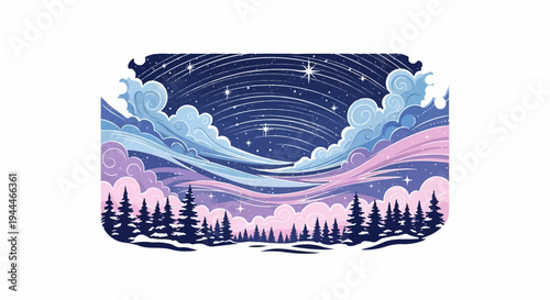 Pixelated night sky with aurora borealis over snowy forest