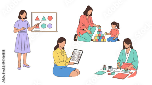 Nurturing Minds and Creativity: Capturing the essence of early education, a collection of images portrays educators guiding young learners through engaging activities, fostering growth, imagination.