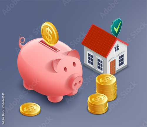 Piggy bank with coins, buying or insurance a house. Isometric 3D view. Vector illustration.