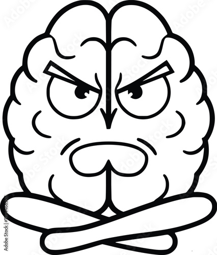 A whimsical anthropomorphic brain with an angry and crossed-arms expression