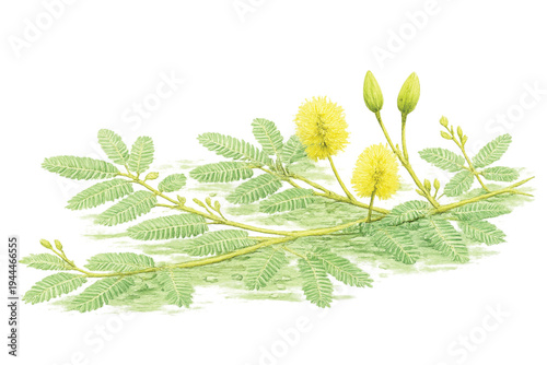 Neptunia Oleracea Water Mimosa with Flowers Watercolor Illustration Isolated on Transparent Background