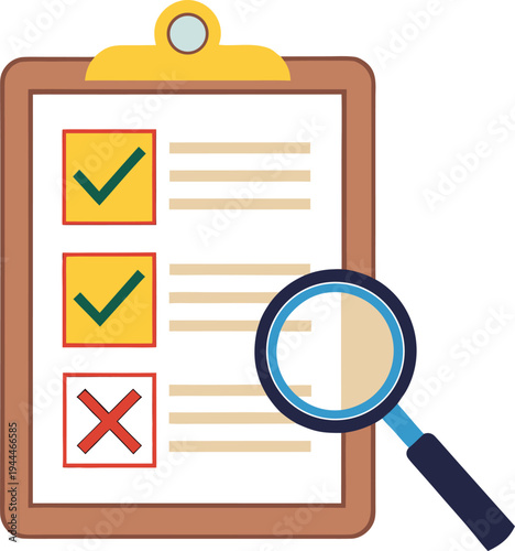 Clipboard with checklist and magnifying glass for inspection or verification