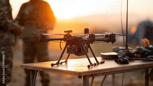 Military drone on table with soldiers in background at sunset  