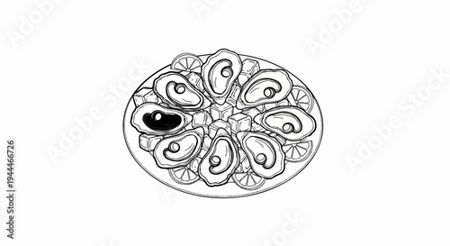 Plate of fresh oysters and ice cubes garnished with lemon slices