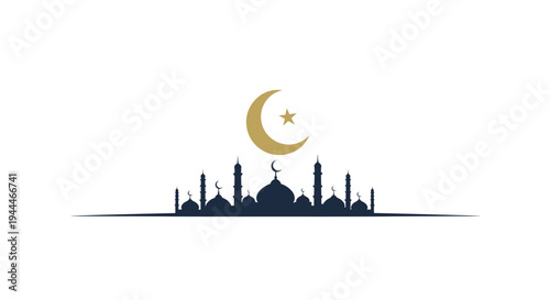 Islamic Mosque Silhouette with Crescent Moon.