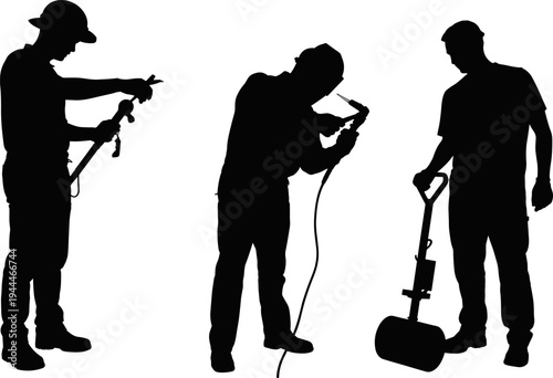 Construction worker silhouette, welding torch illustration, soil compactor operator, industrial labor concept design