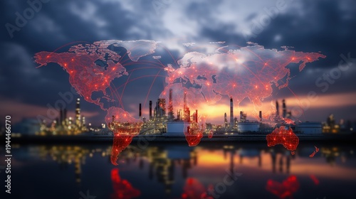 Industrial landscape with global map overlay during sunset  