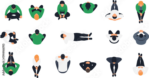 Top view collection of people sitting and lying on floor in different poses flat vector characters for architectural plan design isolated on white.