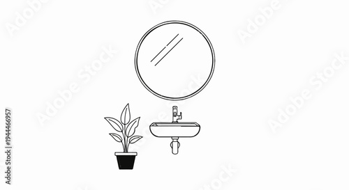 Minimalist illustration of a potted plant, a sink, and a circular mirror
