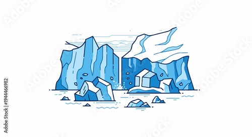 Minimalist illustration of icebergs and a waterfall in blue tones