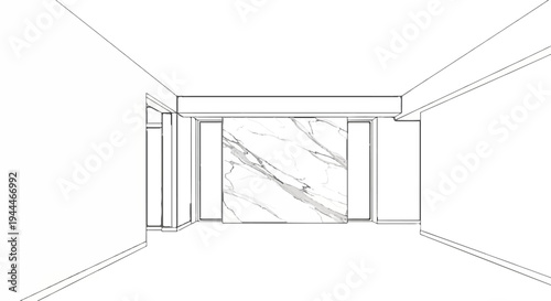 Minimalist interior perspective view with marble accent wall