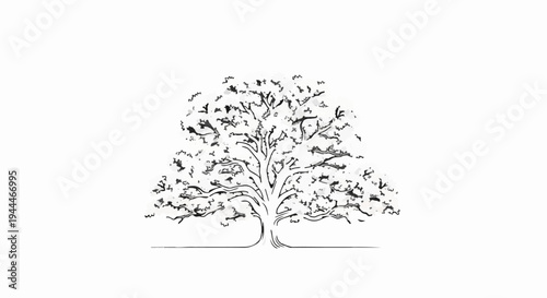 Minimalist ink sketch of a large, leafy tree on a white background