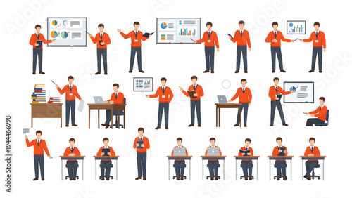 Professional Presentation: A set of illustrations showcasing a professional individual in various work-related poses, highlighting versatility and adaptability in a business environment.