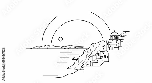 Minimalist line art of a coastal village with a sun over the sea