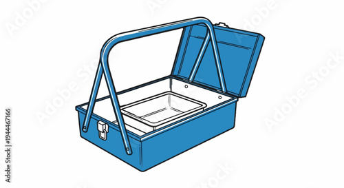 Open blue metal toolbox with handle and removable tray