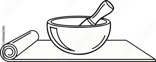 Minimalist line art of a mortar and pestle on a mat, with a rolled mat