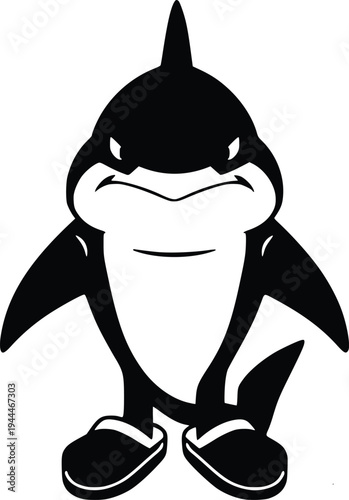 A playful cartoon dolphin wearing stylish black shoes and smiling cheerfully