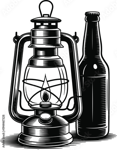 Vintage woodcut style kerosene lantern and beer bottle, retro engraved vector illustration, rustic brewery elements set.