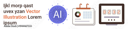 Artificial intelligence, data science, analytics, technology, decision-making, automation. Circular AI symbol, calendar with chart digital counter. AI and data science concepts illustrated